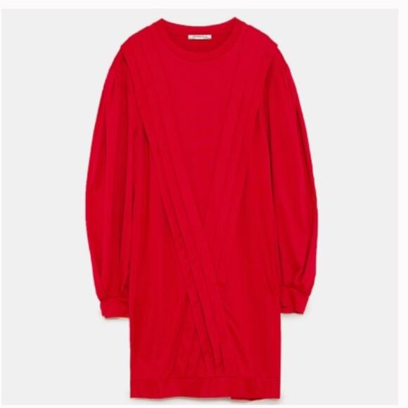 ZARA Red Pleated Tunic Dress Long Bishop Sleeves Shift - Picture 1 of 11